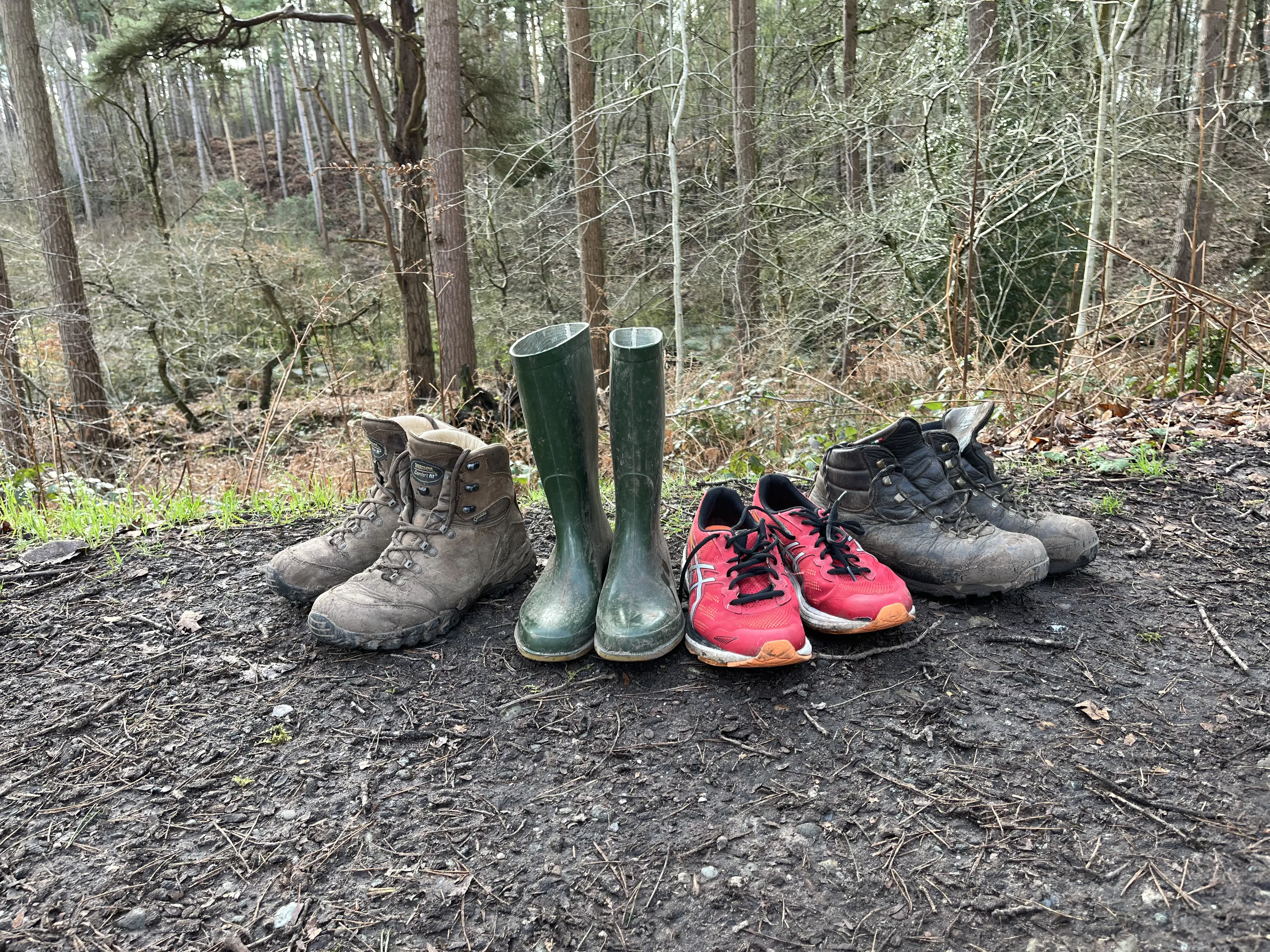 Walking boots, wellies and walking shoes on a muddy path with forest in the background.