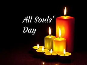 Picture of 3 burning candles with the wording All Souls' Day