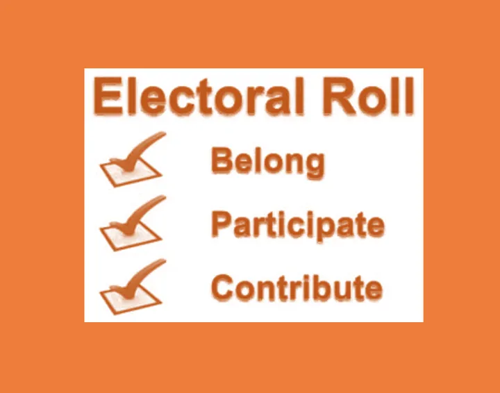 Words, electoral Roll with 3 tick boxes below with the words Belong, Participate and Contribute
