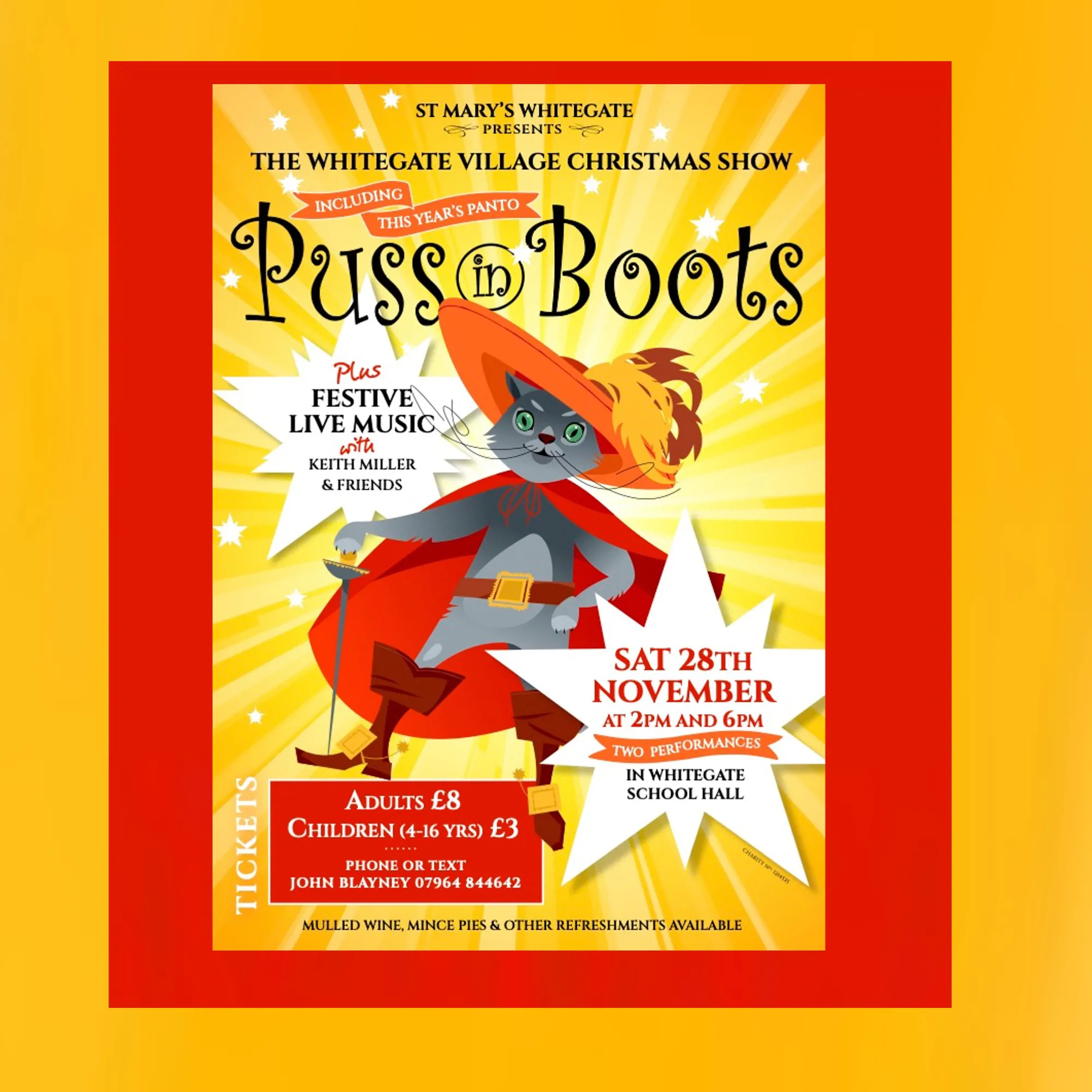 Brightly coloured poster for Whitegate Christmas Show with image of Puss in Boots