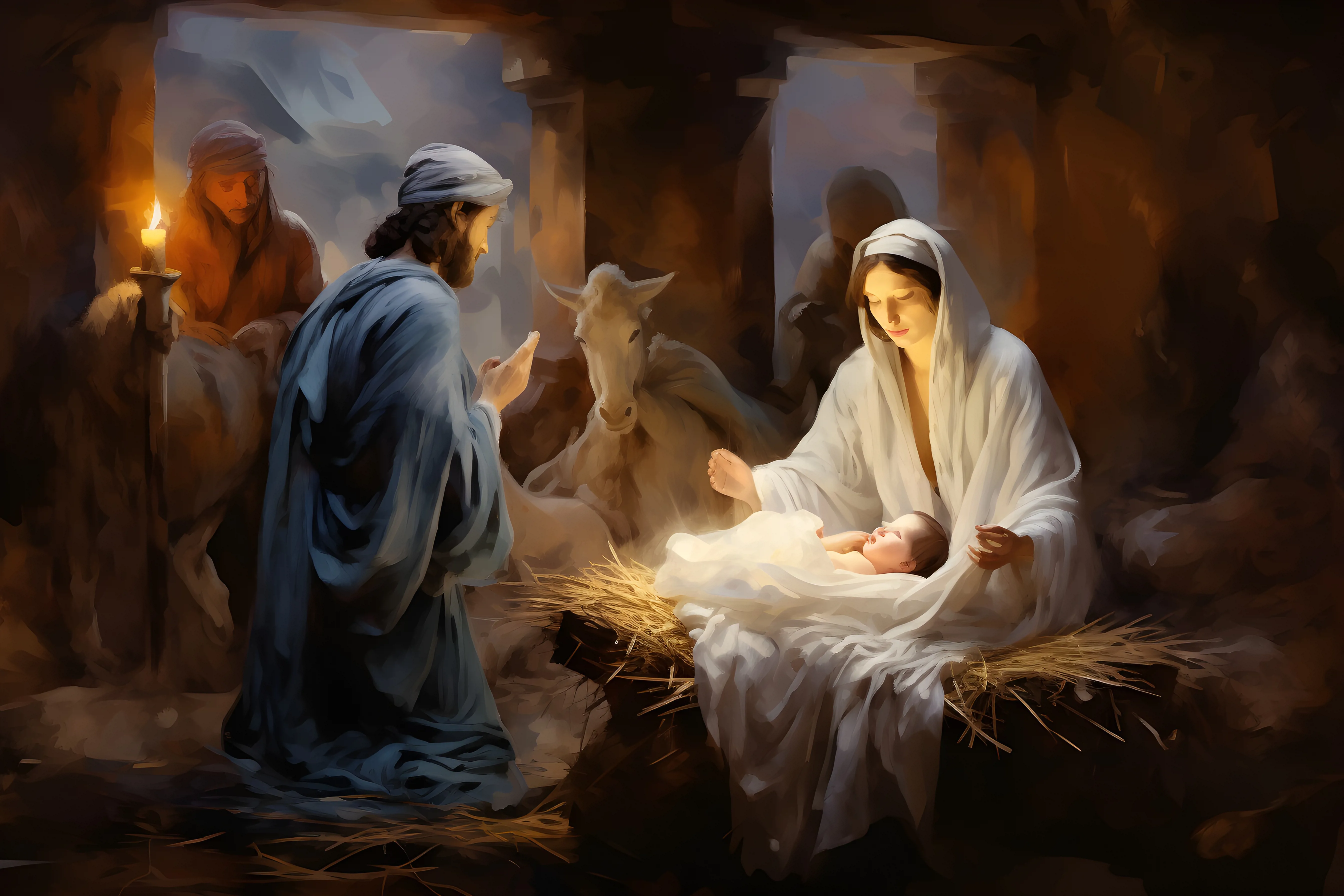 Nativity scene. Mary in white looking down at the Christ child, other figures around Mary are also looking at the baby.