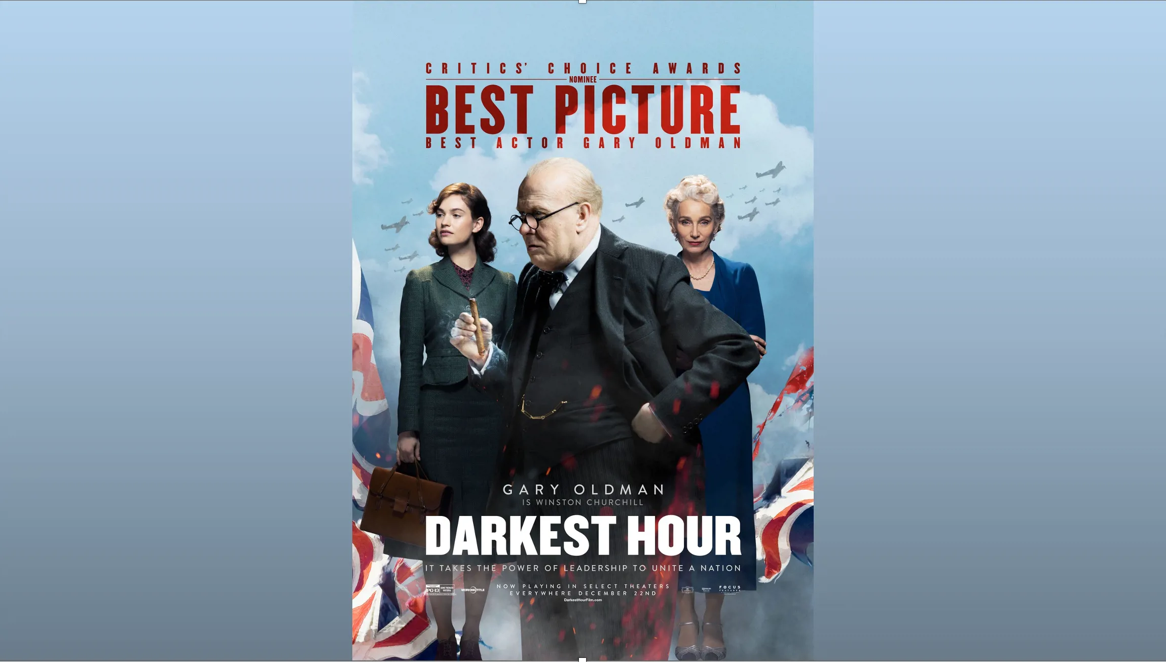 Poster advertising Darkest Hour film showing 3 main actors.