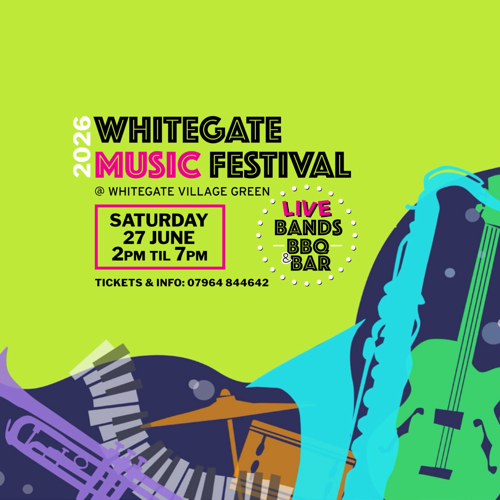 Brightly coloured poster for Whitegate Music Festival