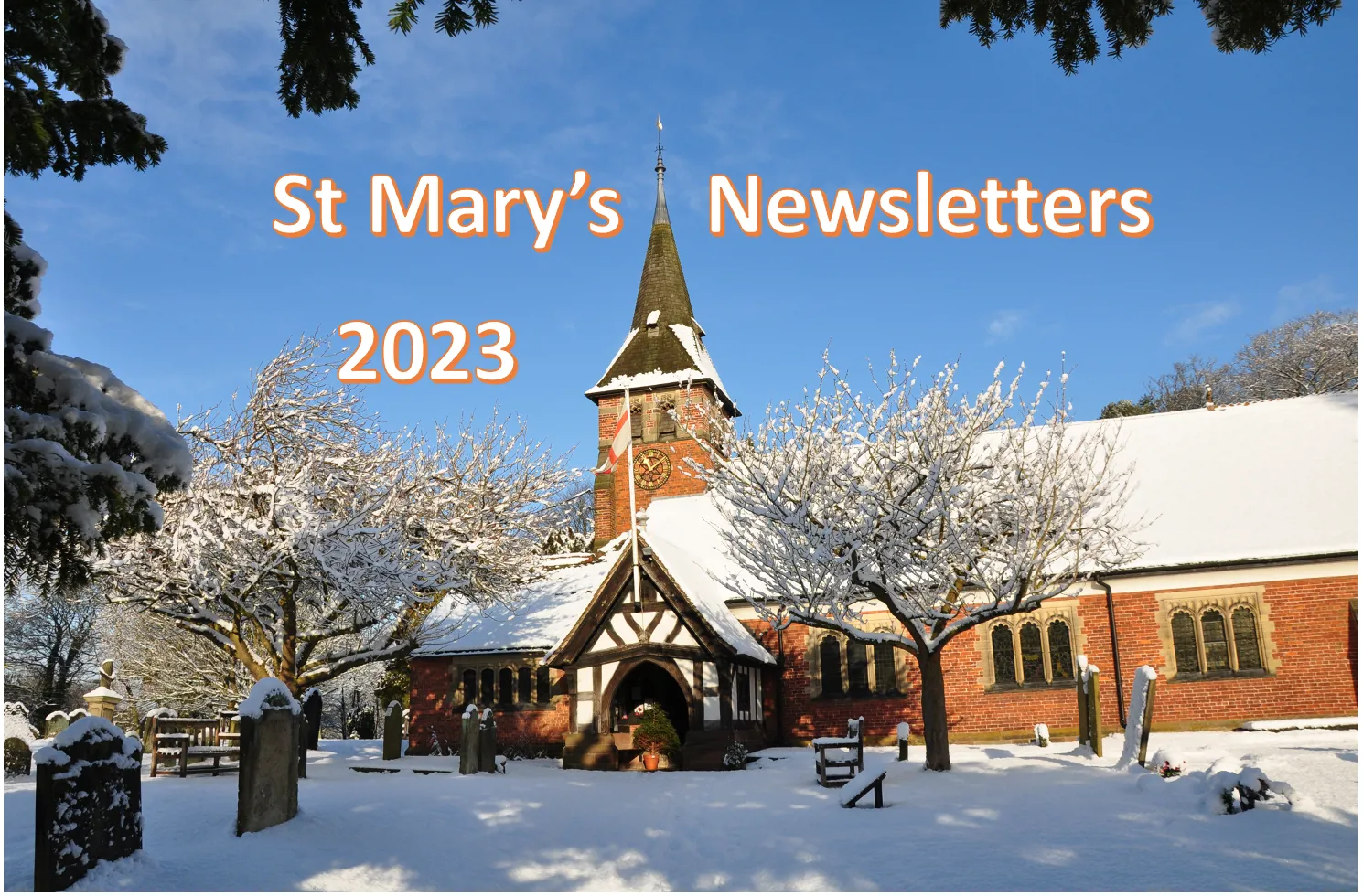 Photo of St Mary's church in the snow on a sunny day