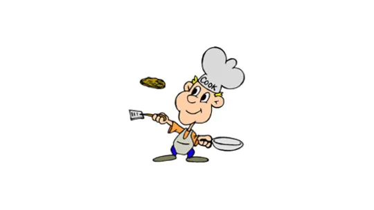 Cartoon image of a chef tossing a pancake.
