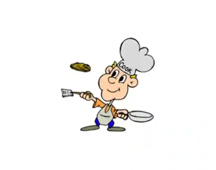 Cartoon image of a chef tossing a pancake.