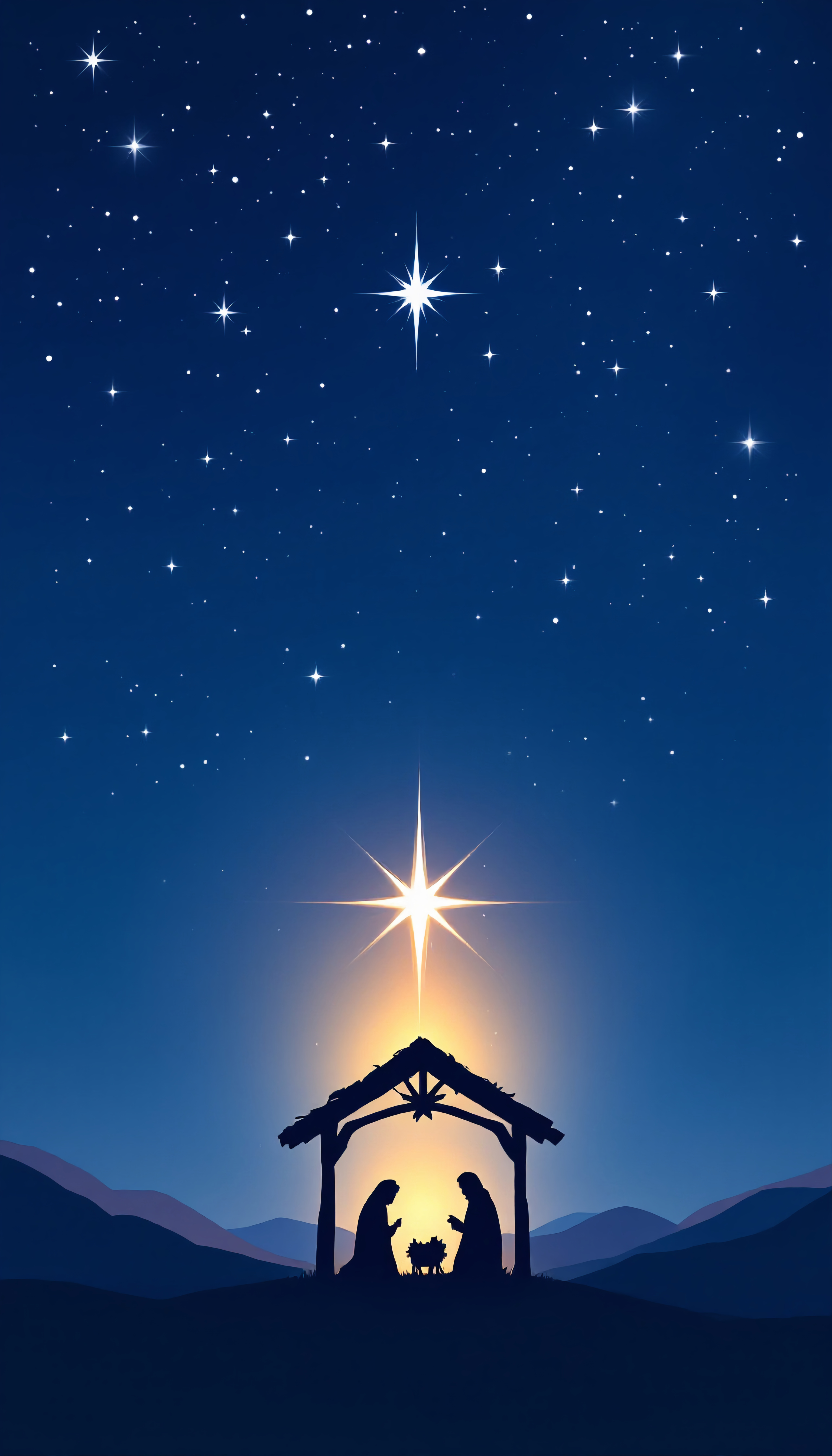 Silhouette of a stable with Mary, Joseph and the baby Jesus in a manger . Light in the stable and a big star above it.