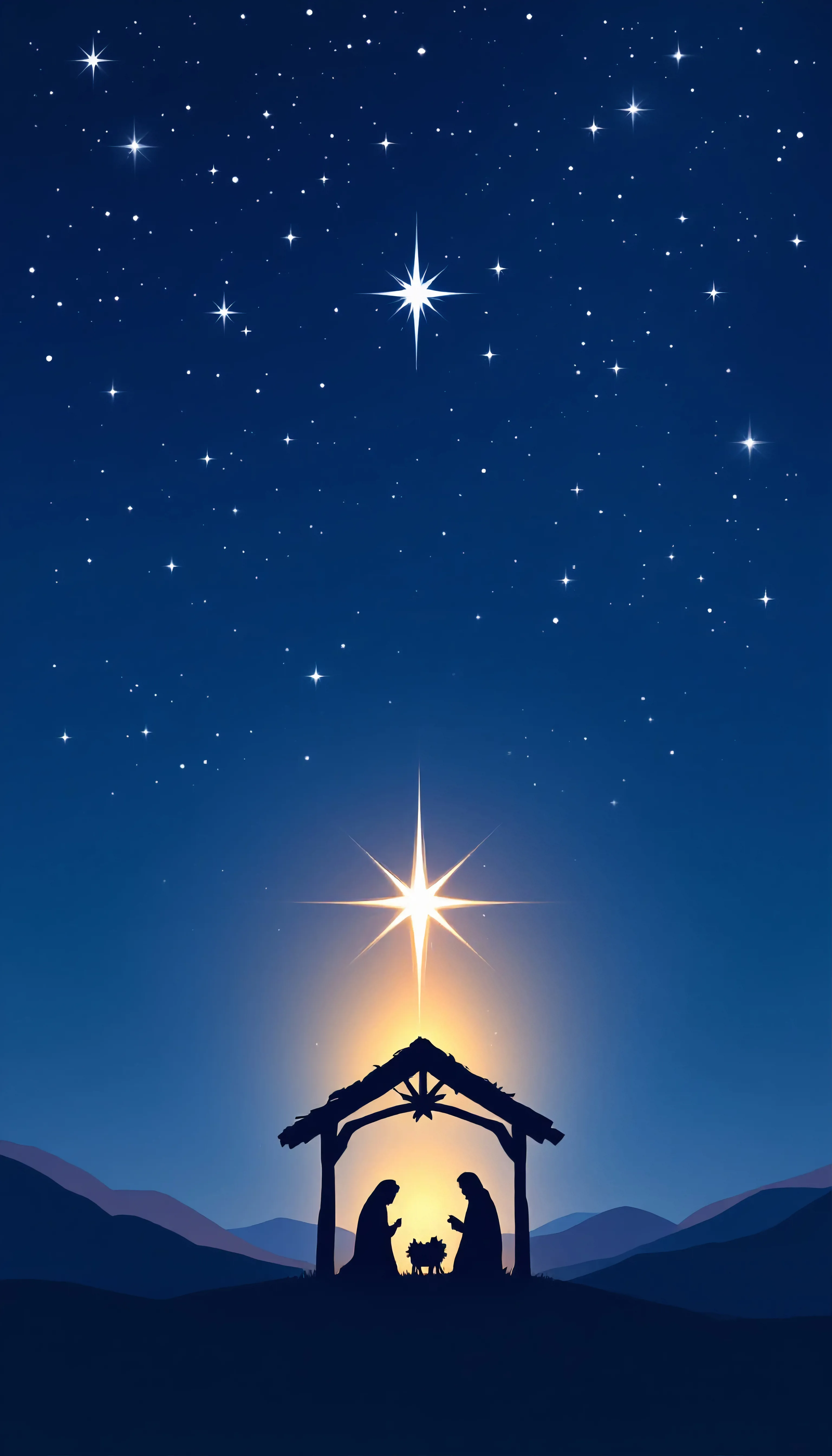 Silhouette of a stable with Mary, Joseph and the baby Jesus in a manger . Light in the stable and a big star above it.