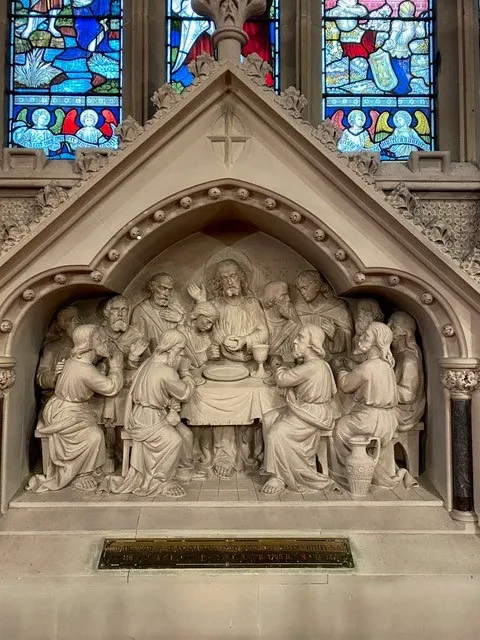 Stone carving of the Last Supper behind the altar at St Mary's.
