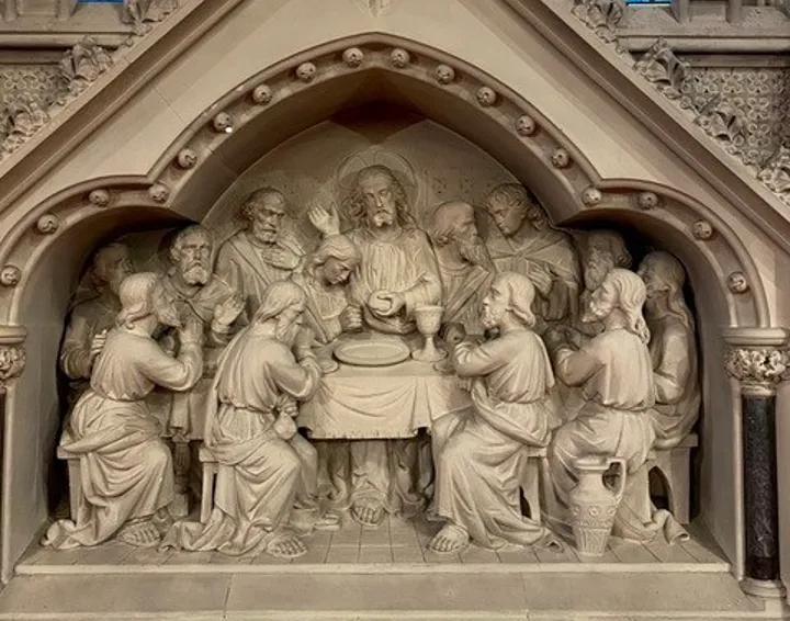 Stone carving of the Last Supper behind the altar at St Mary's.