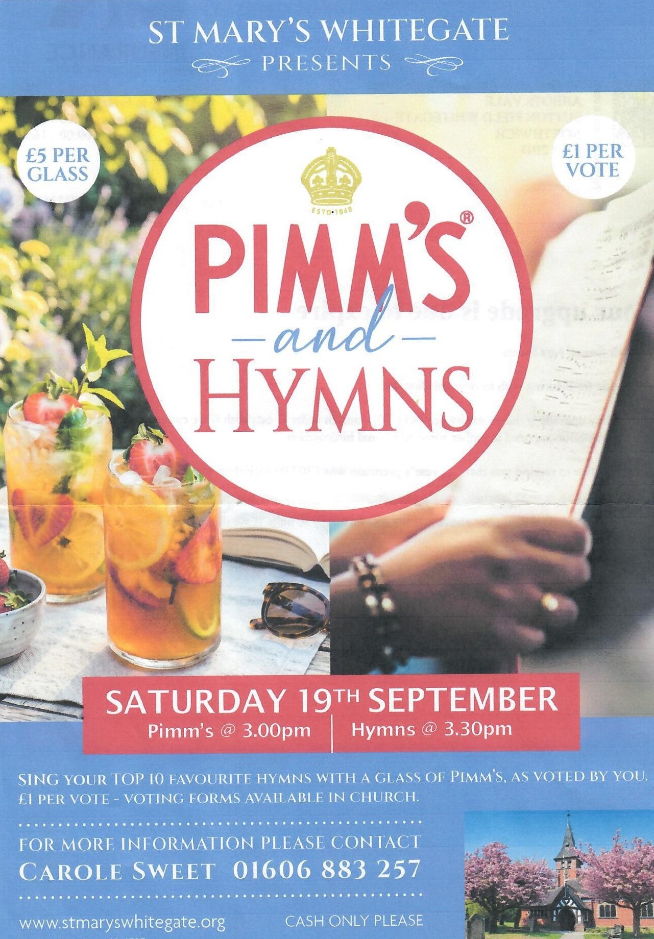 Advert for Hymns and Pimm's event showing a glass of Pimm's and a hymnbook