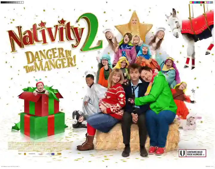 Poster for the film Nativity 2 showing cast below a star and a baby coming out of a gift wrapped box