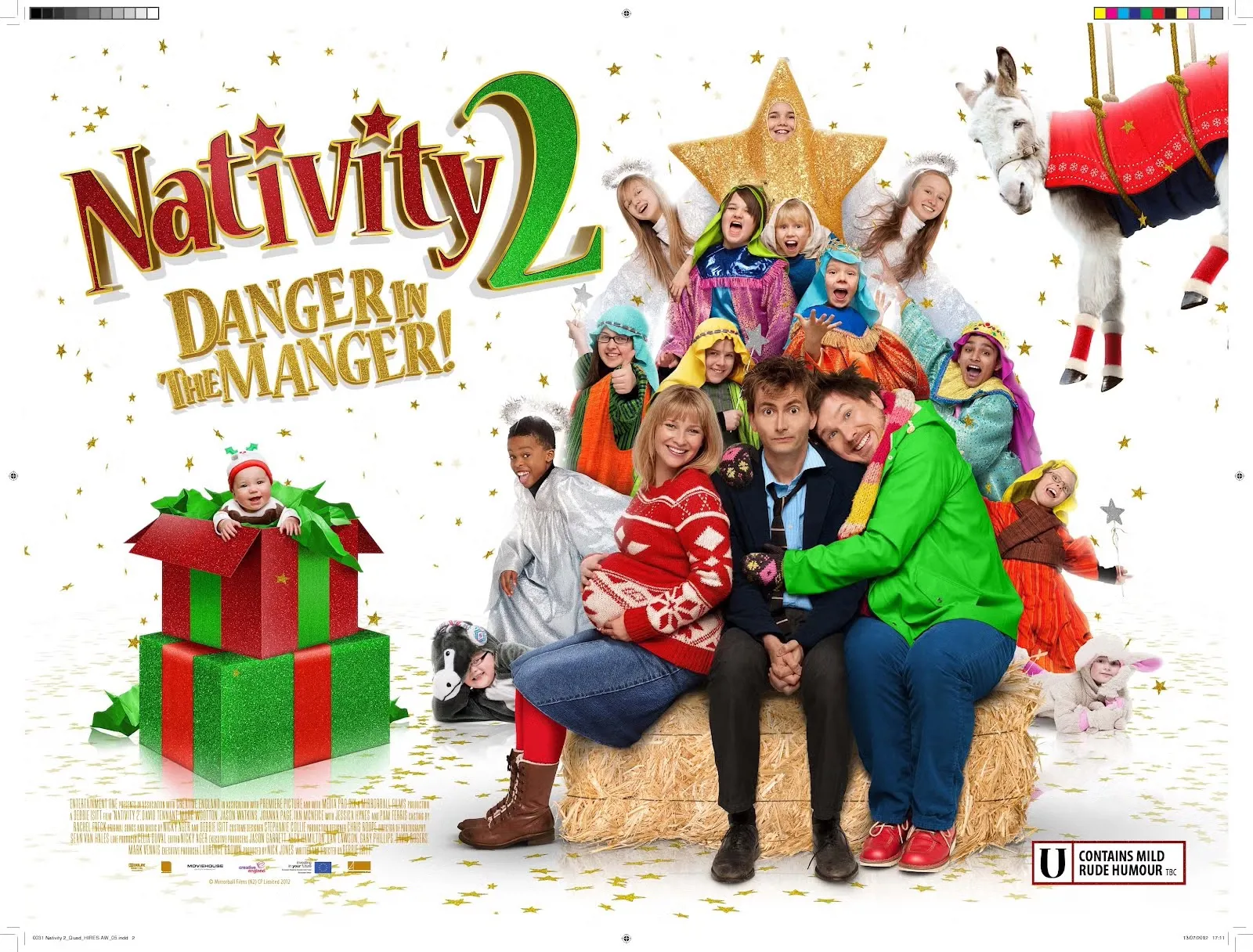 Poster for the film Nativity 2 showing cast below a star and a baby coming out of a gift wrapped box