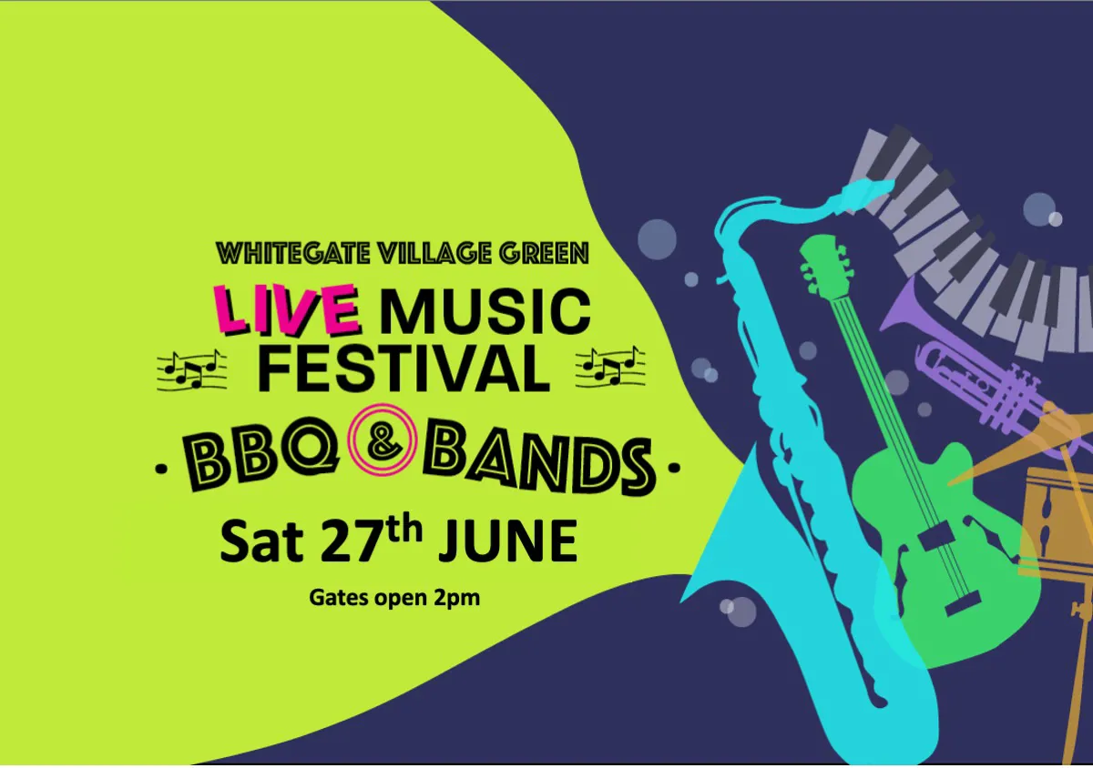 Poster in bright colours showing musical instruments and information about the music festival.