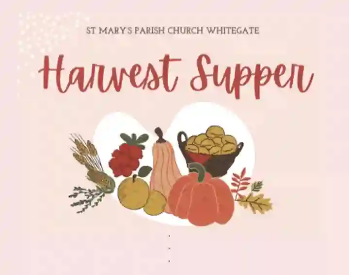 Poster advertising Harvest Supper with illustration of wheat and vegetables in heart shape