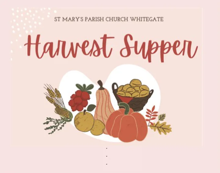 Poster advertising Harvest Supper with illustration of wheat and vegetables in heart shape