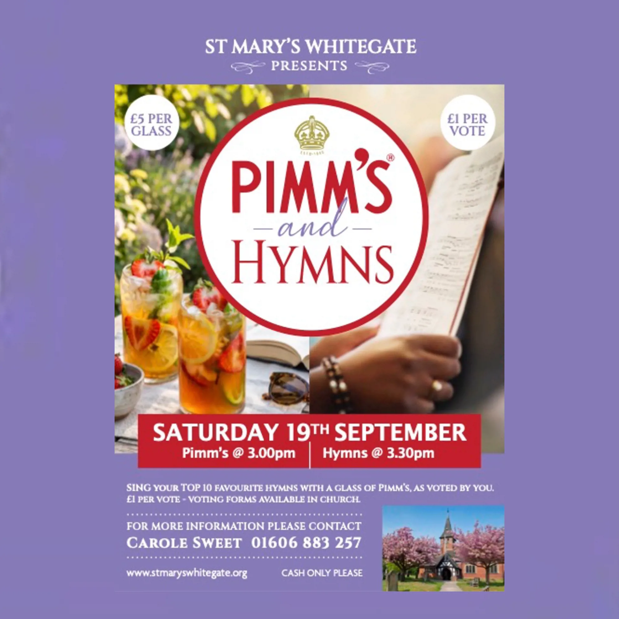 Poster for event showing glasses of Pimms and a sheet of music being held