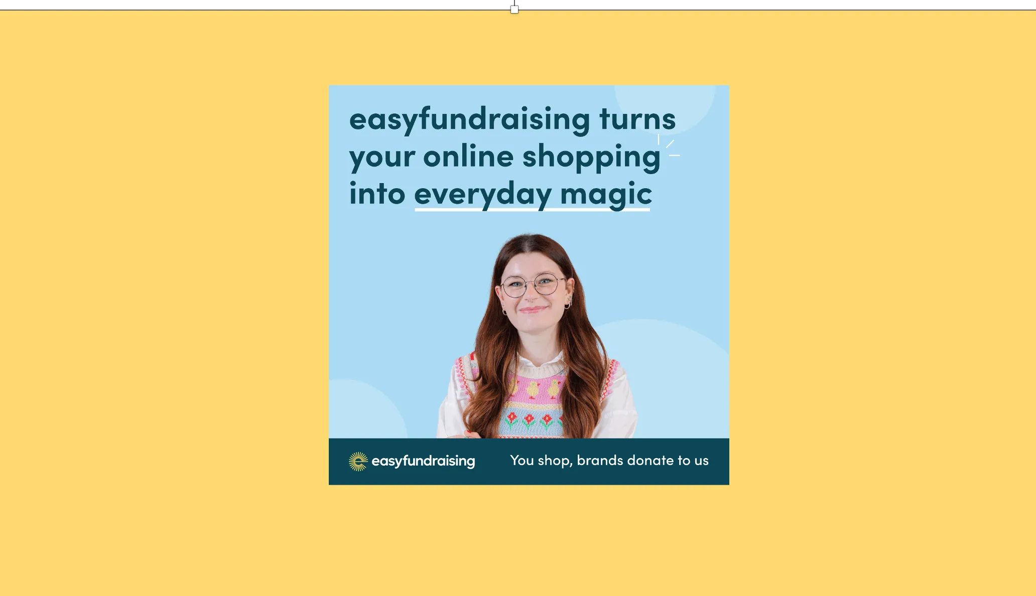 A photo for a young woman smiling at the camera and the easy fundraising logo below.
