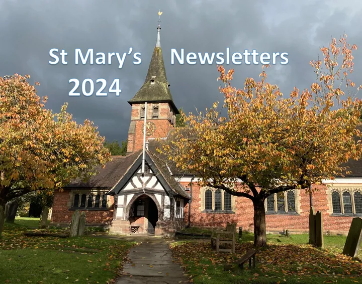 Photo of St Mary's church in autumn with sunshine, a dark sky and fallen leaves