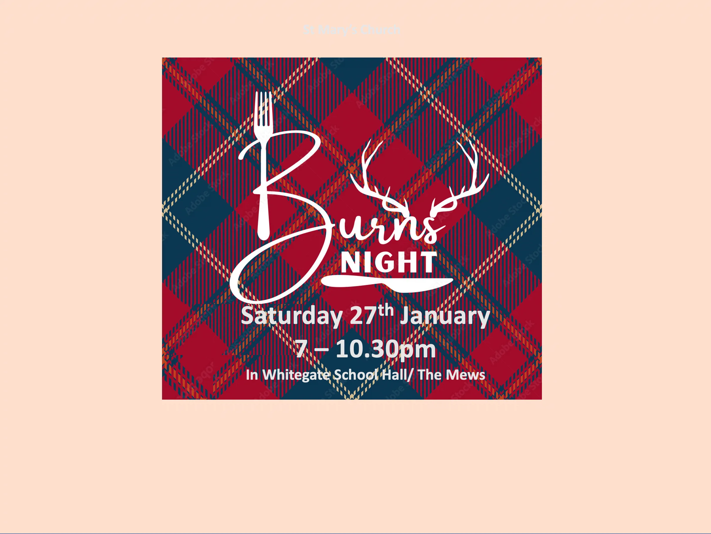 A poster advertising Burns Night Supper. A tartan background with a knife, fork and antlers added to the words