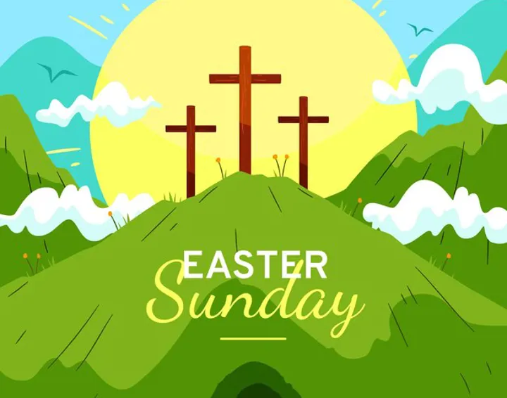 An colourful image of rolling green hill with 3 crosses on, a rising sun behind and an empty tomb in front.